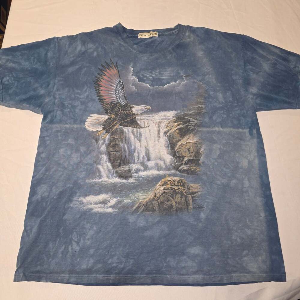 Vintage Seventh Avenue The Mountain Bald Eagle Waterfall Blue Tie-Dye T-Shirt
